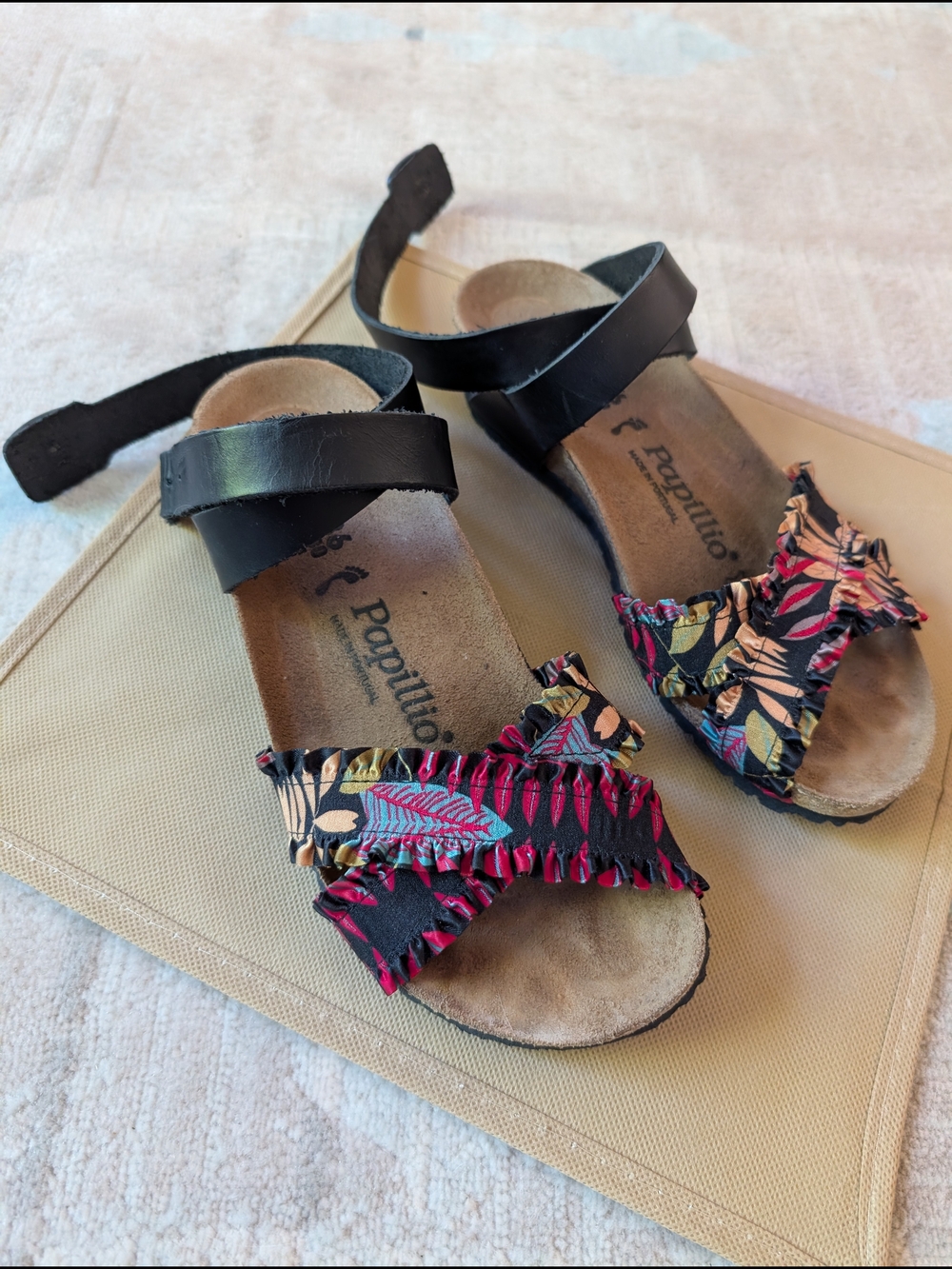 Birkenstock Papillio Black Sandals with Multicolor Floral Ruffles, Size 36/5.5-6